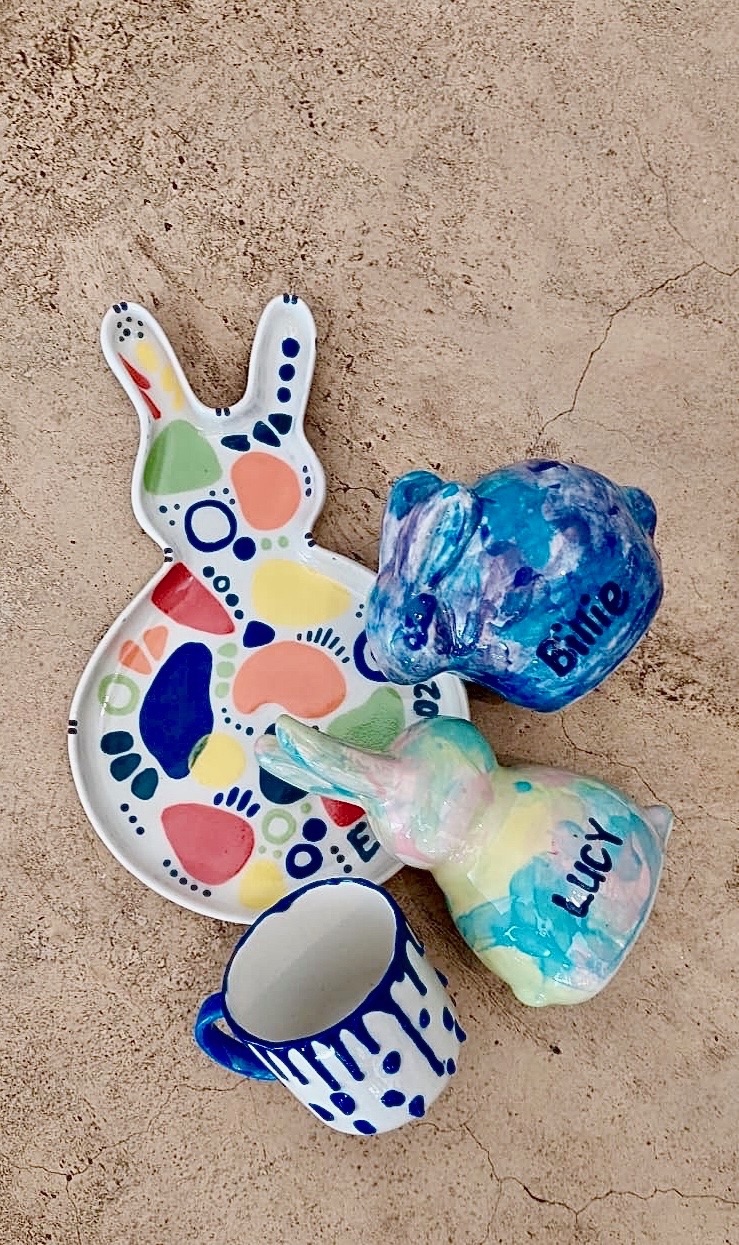 Finished painted ceramics including Easter bunnies and cups