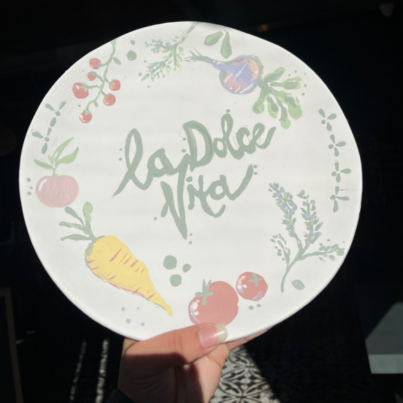 A custom-designed pottery piece crafted during a Sip and Paint session at Clay Cafe Paarl. Enjoy group activities and creative fun.